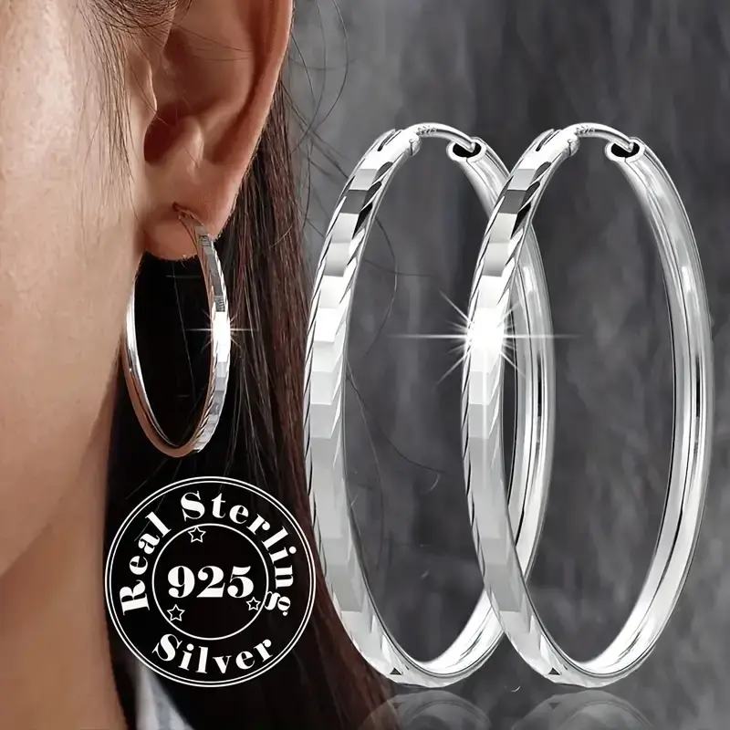 1 Pair Of S925 Sterling Silver Hoop Earrings, Embossed Square Pattern Hoop Earrings, Suitable For Valentine's Day Women Jewelry Gift