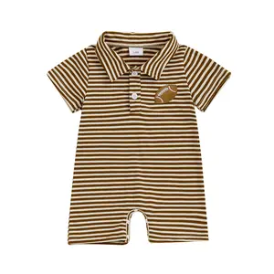 Newborn Baby Boy Football Embroidery Stripes Button Down Collared Polo Shirt Romper Short Sleeve Jumpsuit Bodysuit Outfit