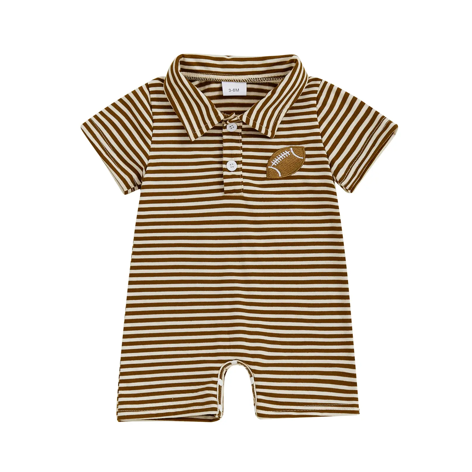 Newborn Baby Boy Football Embroidery Stripes Button Down Collared Polo Shirt Romper Short Sleeve Jumpsuit Bodysuit Outfit