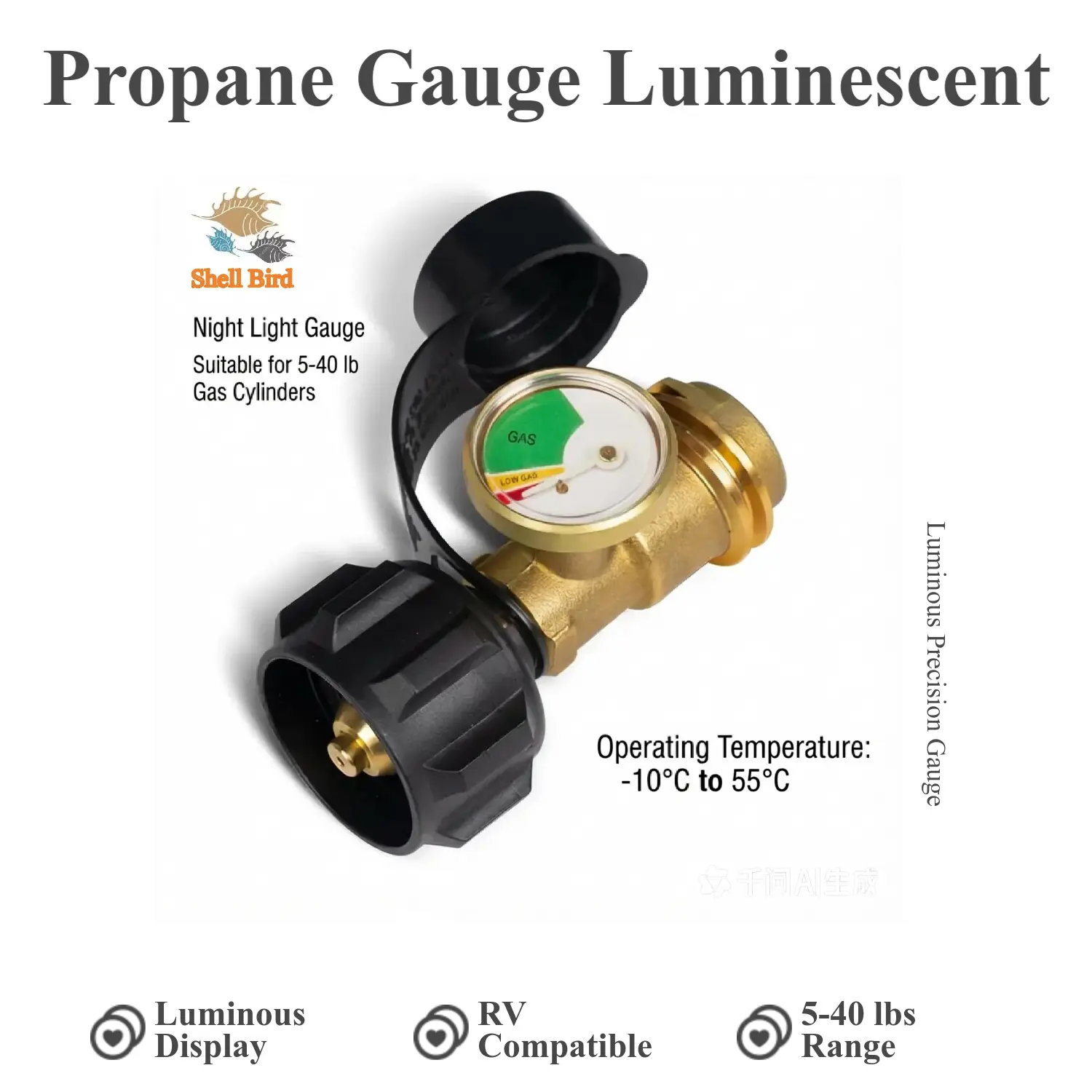 【Dealsforyoudays】Shell Bird QCC1-Type 1 Propane Cylinder Pressure Gauge with Luminous Night Light Display, Fits 5-40 lbs Tanks, Power Tool Accessory for RVs, Gas Grills, Cylinders, Luminous Display