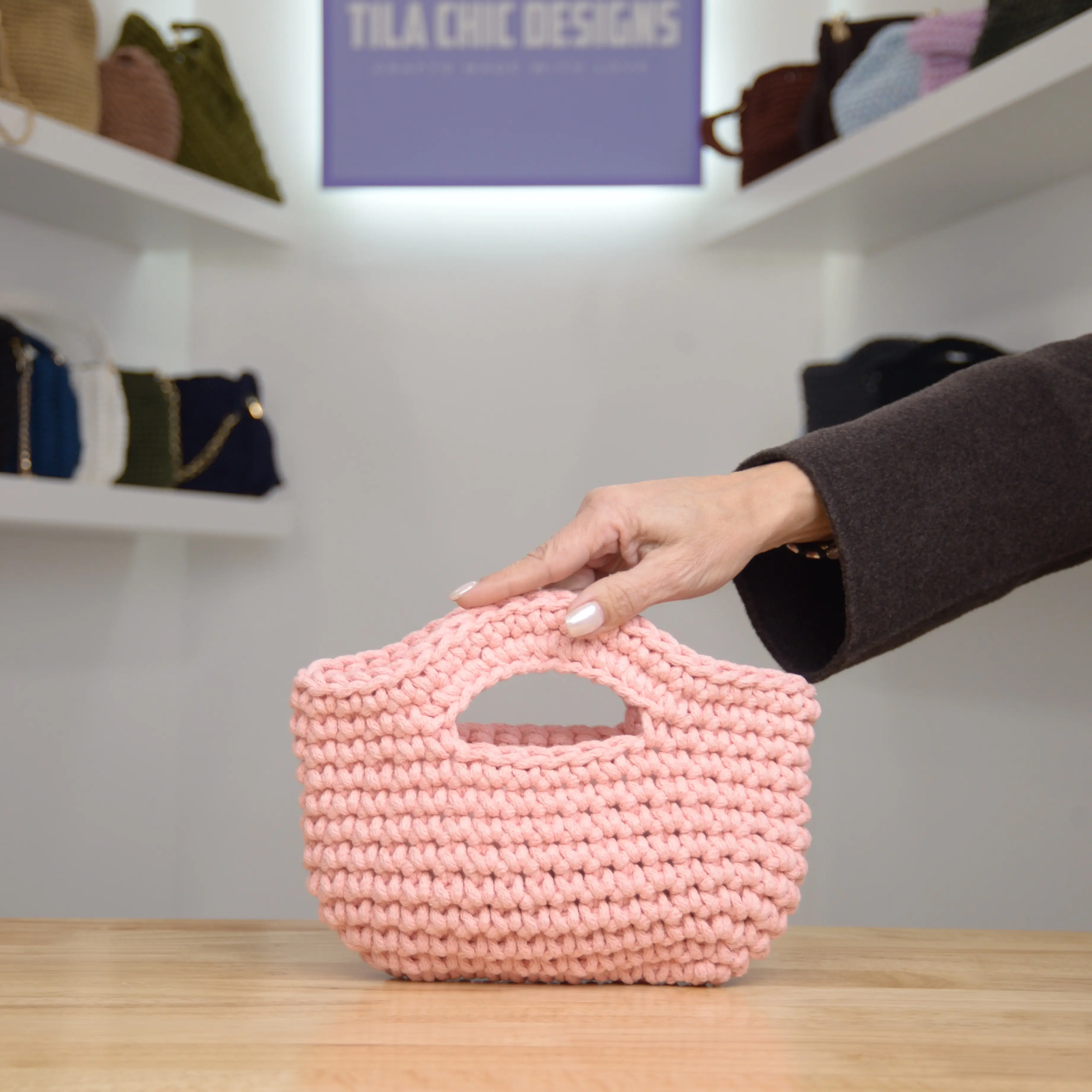 Tila Chic Designs Handbag Crochet Macrame Cord Salmon Color Unique Stylish Look Versatile Accessory for Casual & Formal Occasions