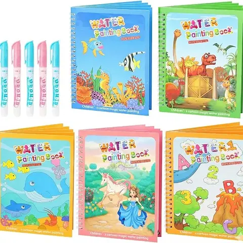 Toddlers' 5-Pack Reusable Watercolor Activity Books - Mess-Free Art Craft Drawing Toy with Water-Based Markers, Dino & Animal Fun/Princess & Ocean Themes, Enhances Color Perception, Toddler Learning Tool, Children's Gift