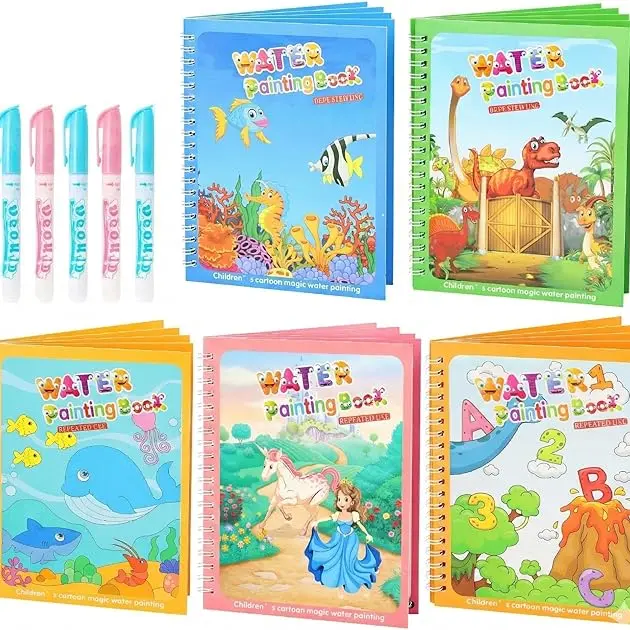 Toddlers' 5-Pack Reusable Watercolor Activity Books - Mess-Free Art Craft Drawing Toy with Water-Based Markers, Dino & Animal Fun/Princess & Ocean Themes, Enhances Color Perception, Toddler Learning Tool, Children's Gift
