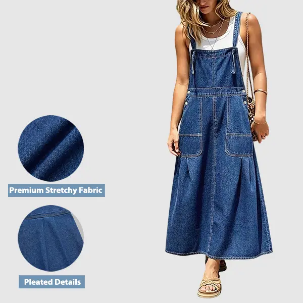 Flamingals Wash Patch Pocket Pleated Long Denim Overall Dress Womenswear