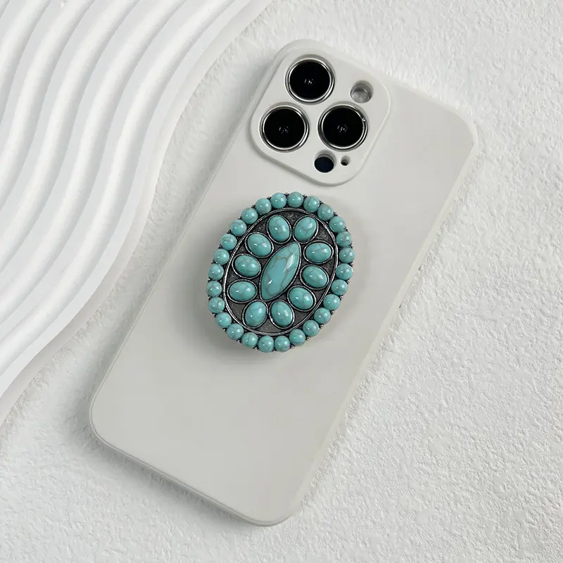 Turquoise Beaded Cellphone Grip Mount - Foldable Mobile Phone Accessory, Elegant Design for Secure Hold & Style, Compatible with iPhone 16 & 17 Models