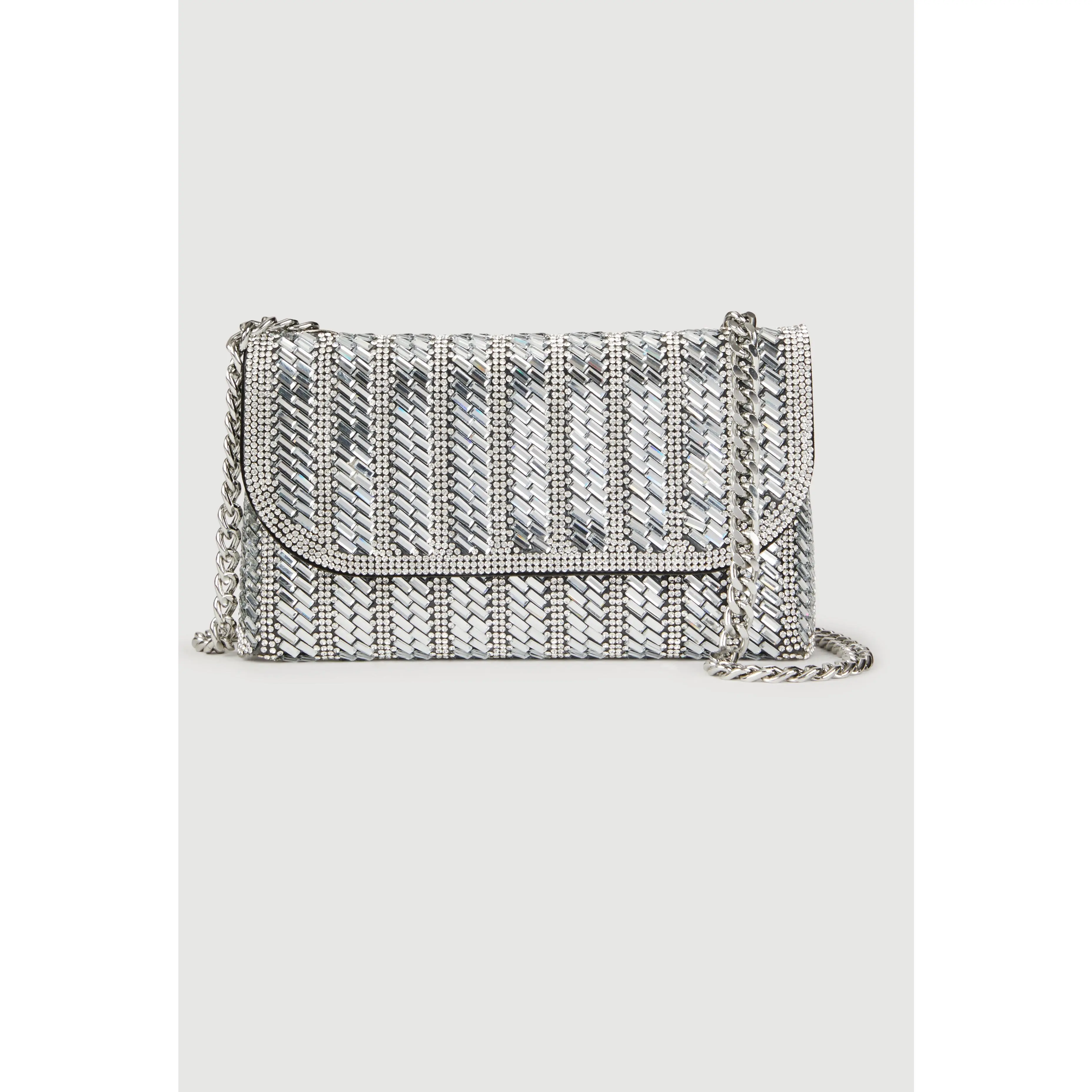 Patterned Rhinestone Clutch with Removable Chain Strap