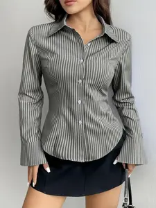 Women's Striped Slim-Fit Long Sleeve Shirt Blouse, Elegant All-Season Wear, Perfect for Casual & Formal, Stylish Women's Clothing
