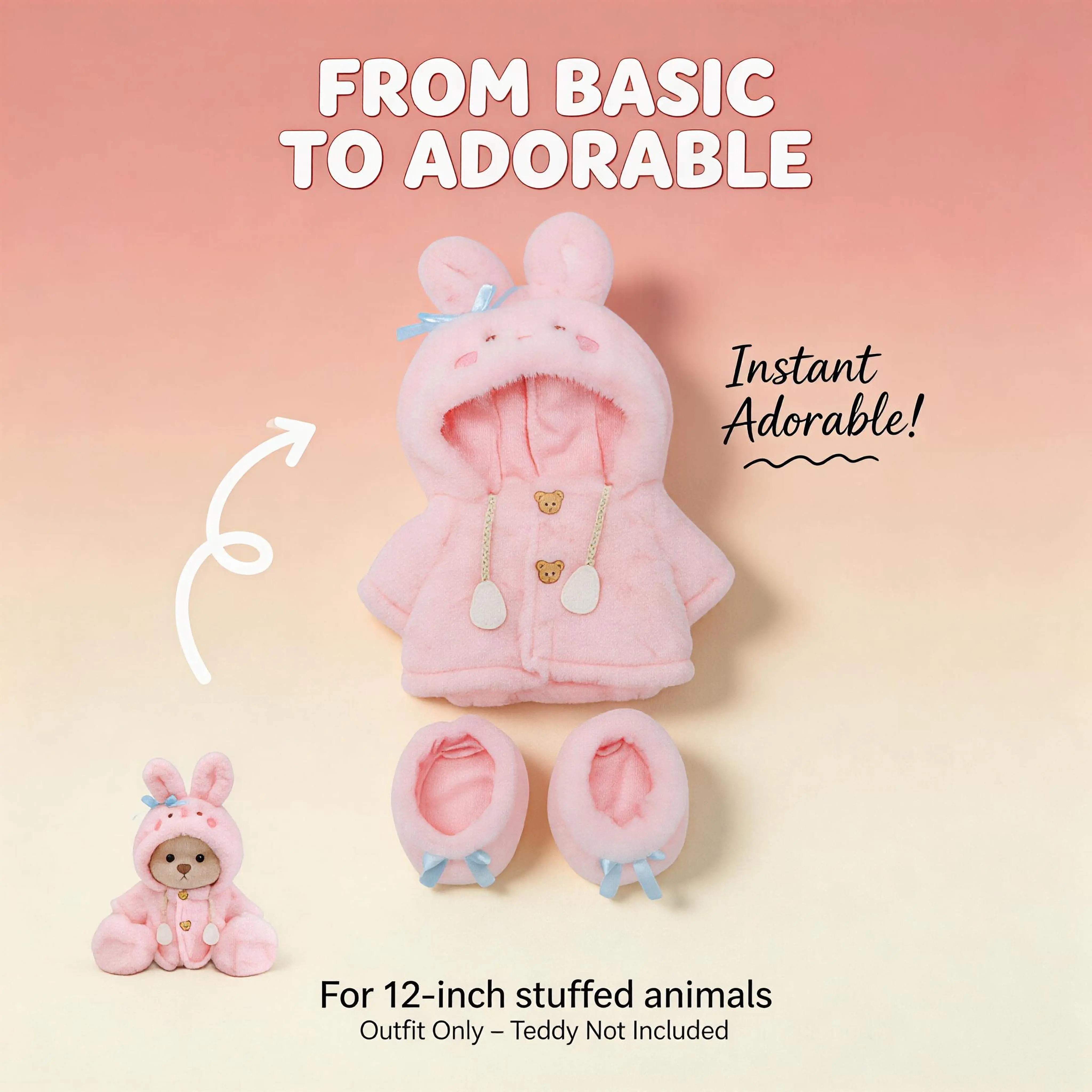 12-inch pink fluffy bunny hooded dress set