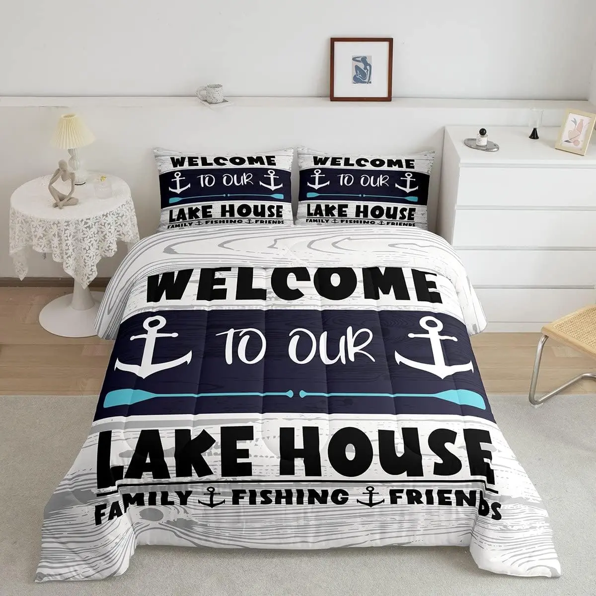 Feelyou Multi-Size Microfibre Soft Lightweight Bed Comforter Set - Rustic Nautical Sailor Theme Breathable Duvet Set, All Seasons, Easy-Care, Travel-Friendly, Machine-Washable, Ideal for Family Lake House (Queen Option Available), Bedding Set