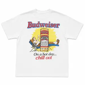 Budweiser Men's Blue and Grey T-shirt, Vintage Budweiser Beer Shirt, On A Hot Day Chill Out Tee, Retro Beer Advertising Graphic T Shirt, Summer Budweiser Tee Menswear Top