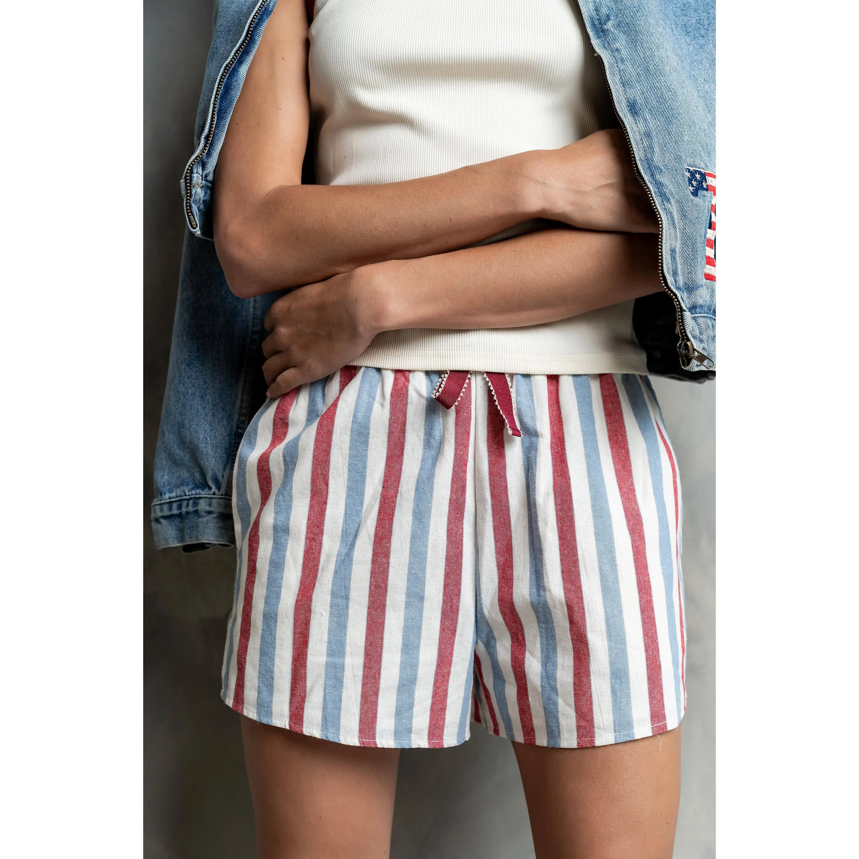Women's High-Rise Cotton Short Bottoms - Red Stripe Print, Tie Waist, Womenswear Shorts, s,l