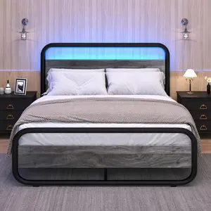 Frame, Metal  Frame With LED Light, Metal Platform  With Wooden Headboard And Footboard, No Box Spring Needed, Easy Assemble, Black/Brown/White/Gray, Twin/Full/Queem/King,  Frame Queen Queen  Frame  Frame Full Full Size  Frame bed