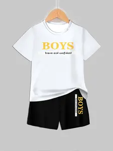 Boys' Letter Print Short Sleeve Shorts Set, Casual Fashion Kids Clothing, Simple Stylish Summer, Daily Wear, Clothing Sets
