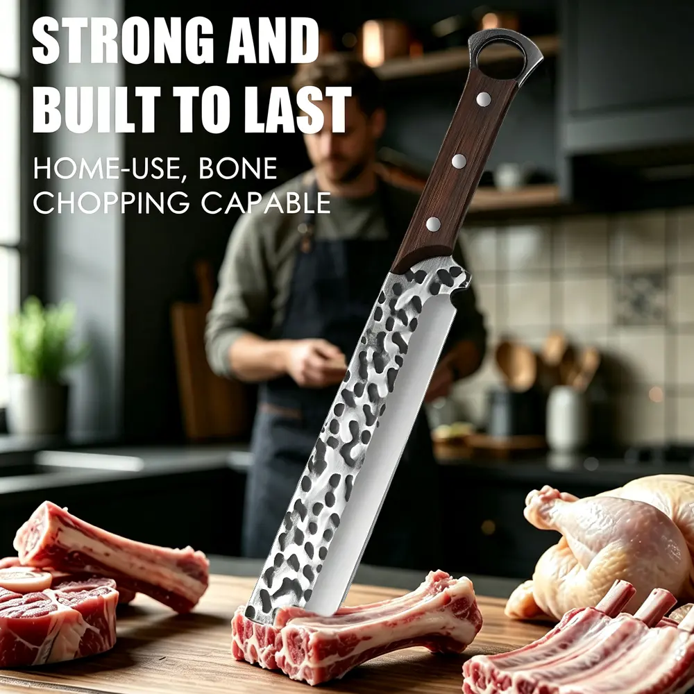 Heavy Duty Stainless Steel Bone Chopping Kitchen Cleaver - Laser Etched Hammered Edge Knives, Full Tang Serbian Chef Knife for Pork Ribs, BBQ Prep, Utility Cooking
