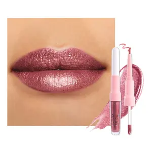 2-in-1 Mauve Metallic Lipstick and Lip Liner Makeup, Shimmer Liquid Metallic Lipsticks for Women, Glitter Lip Gloss Stain Long Lasting Waterproof Smudge Proof 24 Hour, Vegan & Cruelty-Free, 16