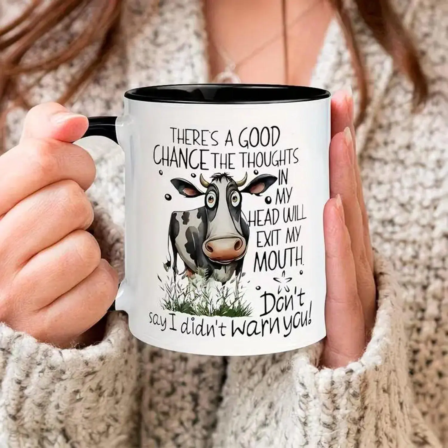 11 oz Ceramic Cow Coffee Cup - Sturdy, Lightweight Kitchen Drinkware with Double-Sided Printed Humorous Quotes, Comfortable Grip, Ideal Gift for Siblings
