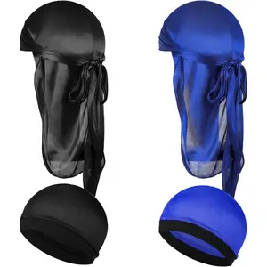 4 count  Durag Pack for Men  Silky Durag with Wave Caps Set Long Tail Wide Strap Headwraps Turban Beanies Satin Doo Rag Soft Elastic Dorag Deluxe Du-rag Over Durag for Boy Girl -hop Decor