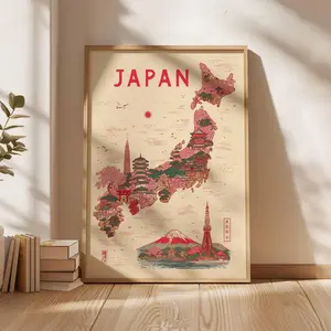 [No Frame] Japan Map Poster, Vintage Travel Wall Art, Japanese Landmarks Illustration