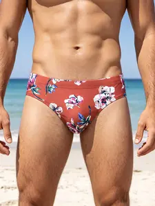 Men's Floral Print Triangle Swim Trunks, High Stretch Quick-Dry Breathable, Summer Outdoor Beach Pool Resort Surfing Swimming Fitness Boxing
