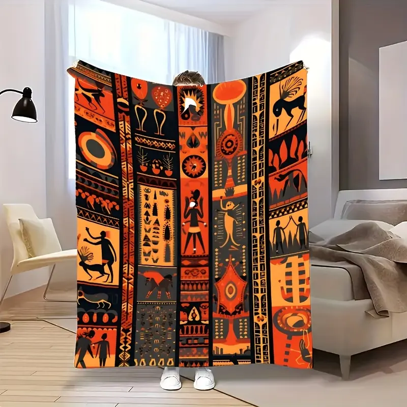 1 piece of comfortable and brilliant African dream totem splendid African culture, reflecting ancient history and mysterious legends, harmonious and beautiful dazzling orange and calm black perfect combination of theme pattern flannel blanket, soft and wa