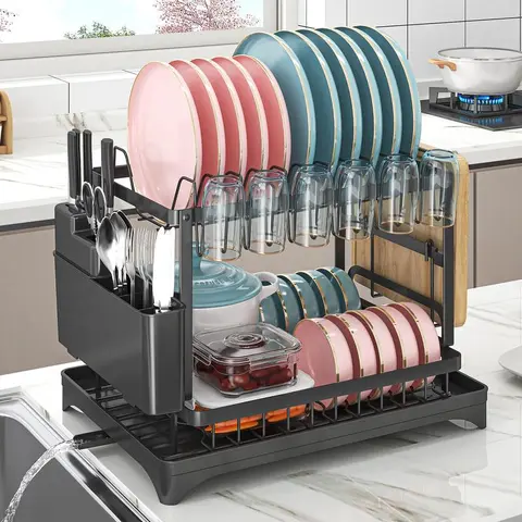 2-Tier Countertop Dish Drying Rack for Drying Dishes - Home Goods with Foldable Design, Utensil Holder, Drainboard Included, 360° Telescopic Drain Pipe for Efficient Drainage, Kitchen Organizer