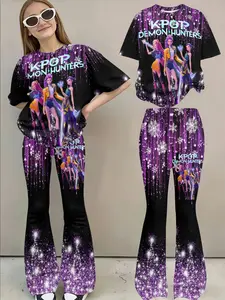 Girls' Cartoon Printed Pants Set, Fitted Long Regular Style, Trendy Sweet Cool Fashion Design, Perfect for Casual Wear