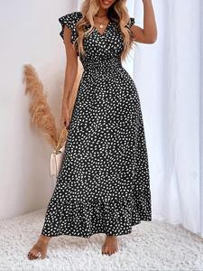 women's all over print ruffle butterfly sleeve long vintage dress, dresses for women, summer dresses, boho cap sleeve v neck wrap a line sundresses for daily vacation wear, birthday dresses, women's clothing, wedding guest dress, bohemian, womenswear