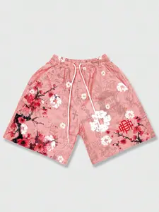 Japanese Cherry Blossom Full-Print Sport Shorts, American Streetwear Beach Pants, Summer Trendy Men's Casual Half-Length Pants