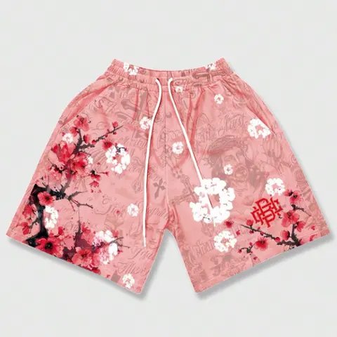 Men's Cherry Blossom Full-Print Drawstring Sport Shorts, Trendy Streetwear, Casual Shorts, Beach Shorts for Summer, Loose Fit Shorts, Loose Sporty Shorts