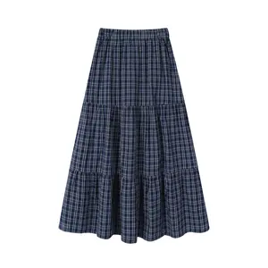 Women's 2025 Summer Preppy Blue Plaid Tiered Midi Skirt - Elastic High Waist, Elegant A-Line, Color-Blocked Panel Design