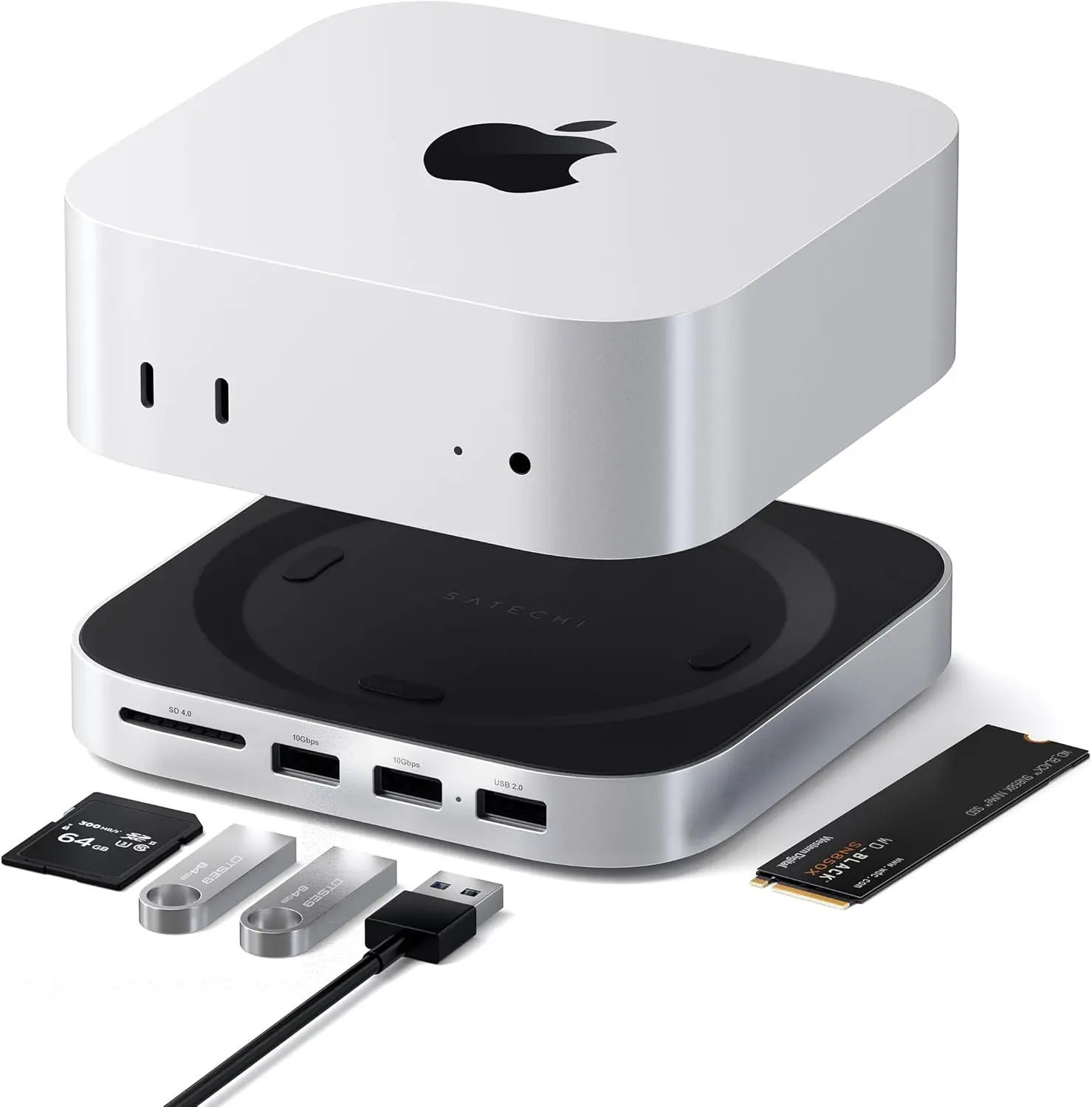 Mac mini M4 Hub & Stand with NVMe SSD Enclosure, Mac mini M4 Dock with 2xUSB A Up to 10Gbps, USB A Data Port, SD Card Reader, Optimized Self-Cooling - Silver