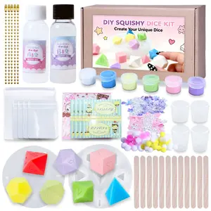 DIY Squishy Dice Making Set Squishy Maker- Comes with(Not sticky)30:30 Zero-Degree Silicone, 6 Colored Pastes, 1 Dice Mold, 12 Mixing Sticks, 4 Measuring Cups and 5 Chains，Ideal for Beginners(43pcs/set)