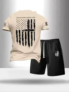Men's 2-Piece Set with Matching Crew Neck Short Sleeve Tee and Drawstring Waist Shorts, Stylish Cross Flag Print for Casual and Outdoor Wear Outfits Menswear