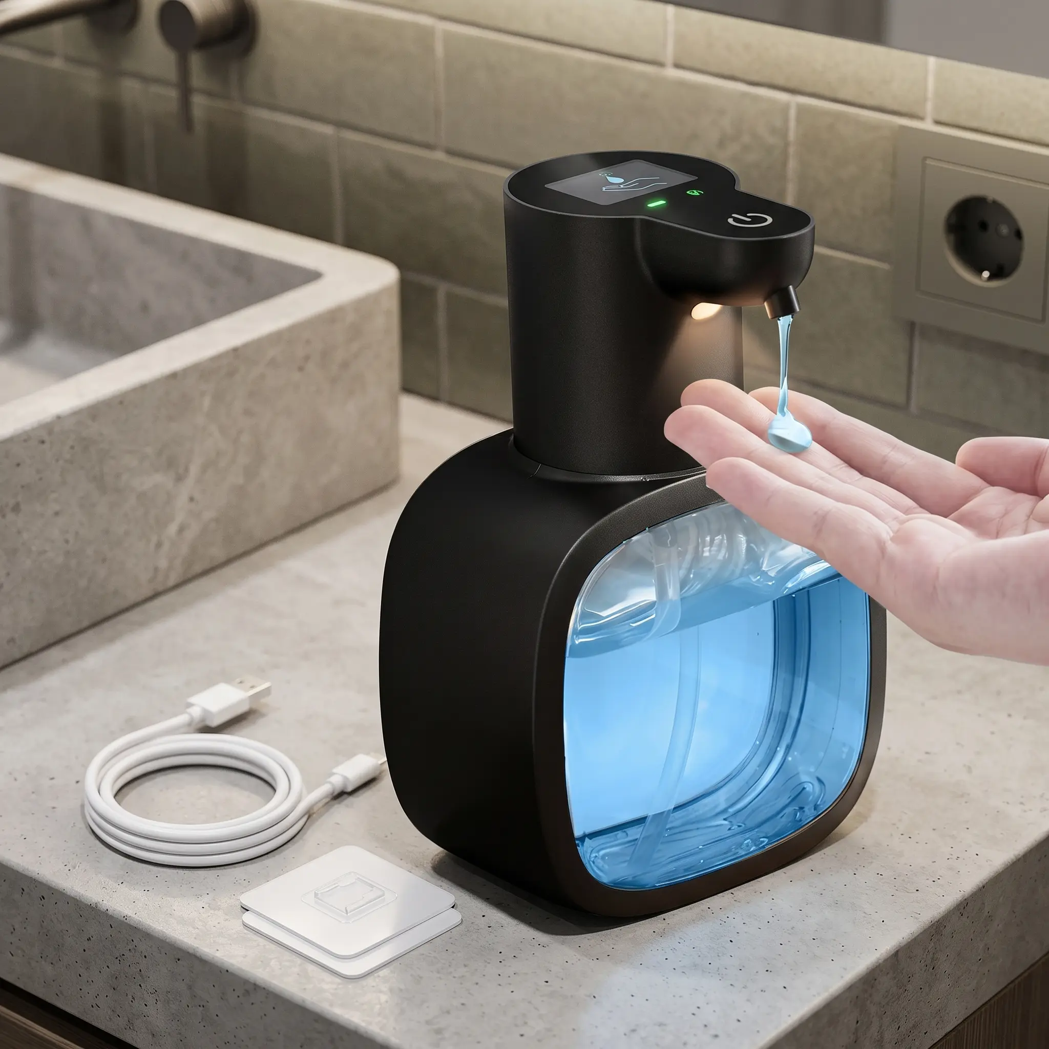Automatic Foaming Soap Dispenser, 17oz/500ml Touchless Rechargeable with 4-Level Adjustable & IPX5 Waterproof - Level Display for Wall/Tabletop Use in Bathroom, Kitchen, Black