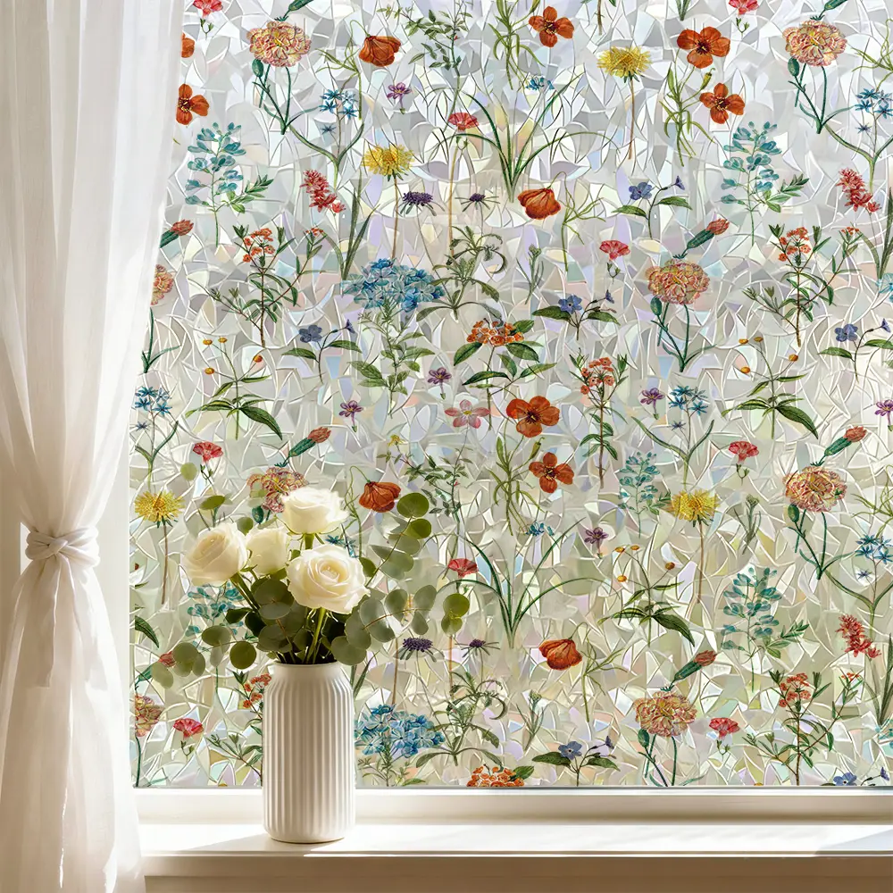 1 Roll Static Cling Iridescent Floral Window Film, Colorful Floral Window Sticker for Home Decor, Glass Decoration, Living Room, Bedroom & Kitchen Sliding Doors, Privacy Protection, Removable Film