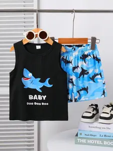 Boy's Cartoon Print Tank Top & Shorts Set, Casual Round Neck Sleeveless Top & Shorts, Summer Clothes for Kids