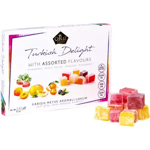 Cerez Pazari Turkish Delights Candy With Assorted Mix Flavors, Vegan Fruit Snacks Gift Box, Sweet Luxury Traditional Confectionery Lokum, Loukoumi With No Nuts, 8.1 oz.
