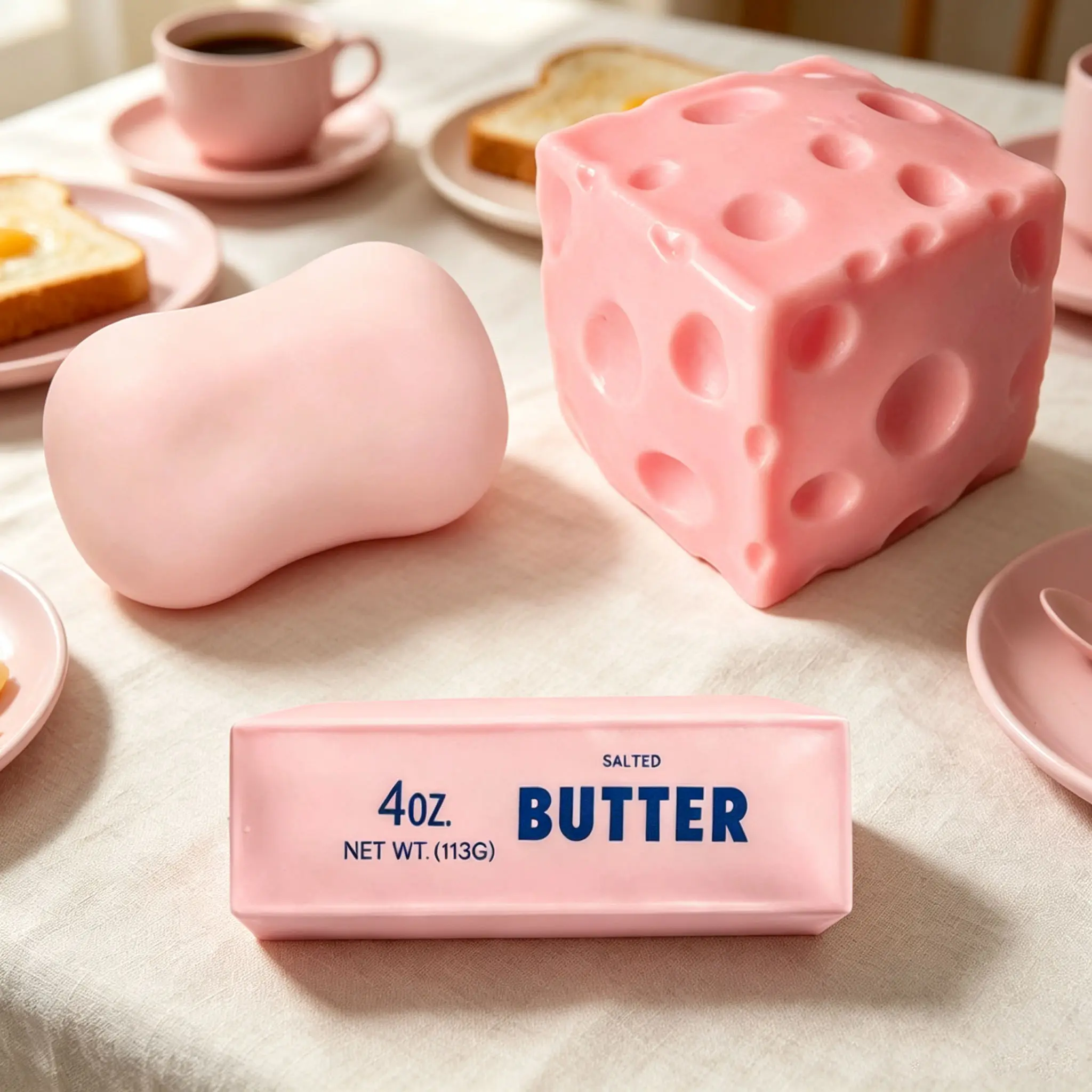 3-Piece Filled Block Squishy Toys Set, Pink Butter & Cheese Squishy Shapes, Soft Stretchy Texture, for Daily Relaxation, Festive Gift Idea
