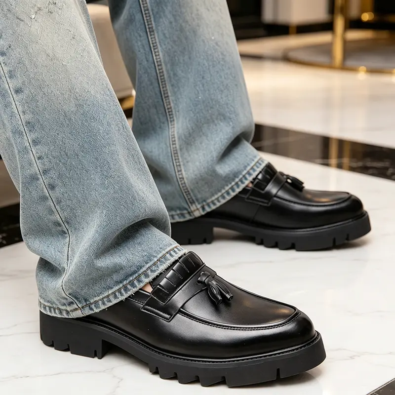 Ubetif Men's Business Style Solid Color Loafers, Classic Plain Tassel Slip-On Black Office Dress Shoes with Removable Insole, Man shoe Black Footwear tiktokshopbacktoschool