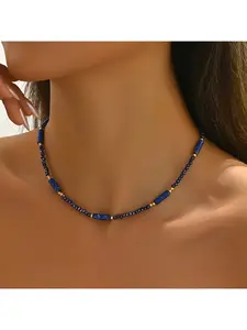 Lady's Simple Blue Natural Stone Handmade Beaded Necklace Jewel Necklace