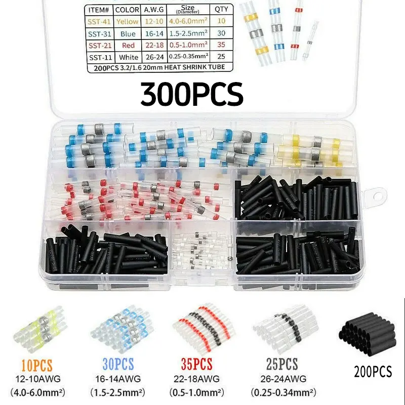 300PCS Solder Seal Wire Connectors-haisstronica Waterproof Heat Shrink Butt Connectors-Self Solder for Marine,Aircraft,Boat,Truck,Stereo,Joint