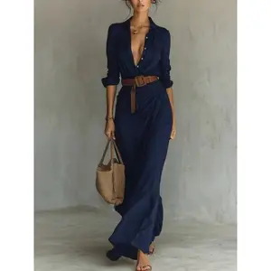 Elegant Women's Fall Dress, Sexy Solid Color Pleated Design, Includes Waist Belt, Fashionable Long Sleeve A-Line Dress Can be used with raincoat
