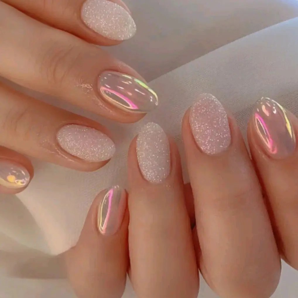 Medium Oval Iridescent Pink Press On Nails 24 CT