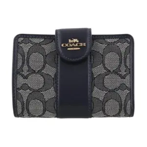 COACH 13 Metal Logo Jacquard Canvas and Calfskin Wallet for Women, Midnight Navy