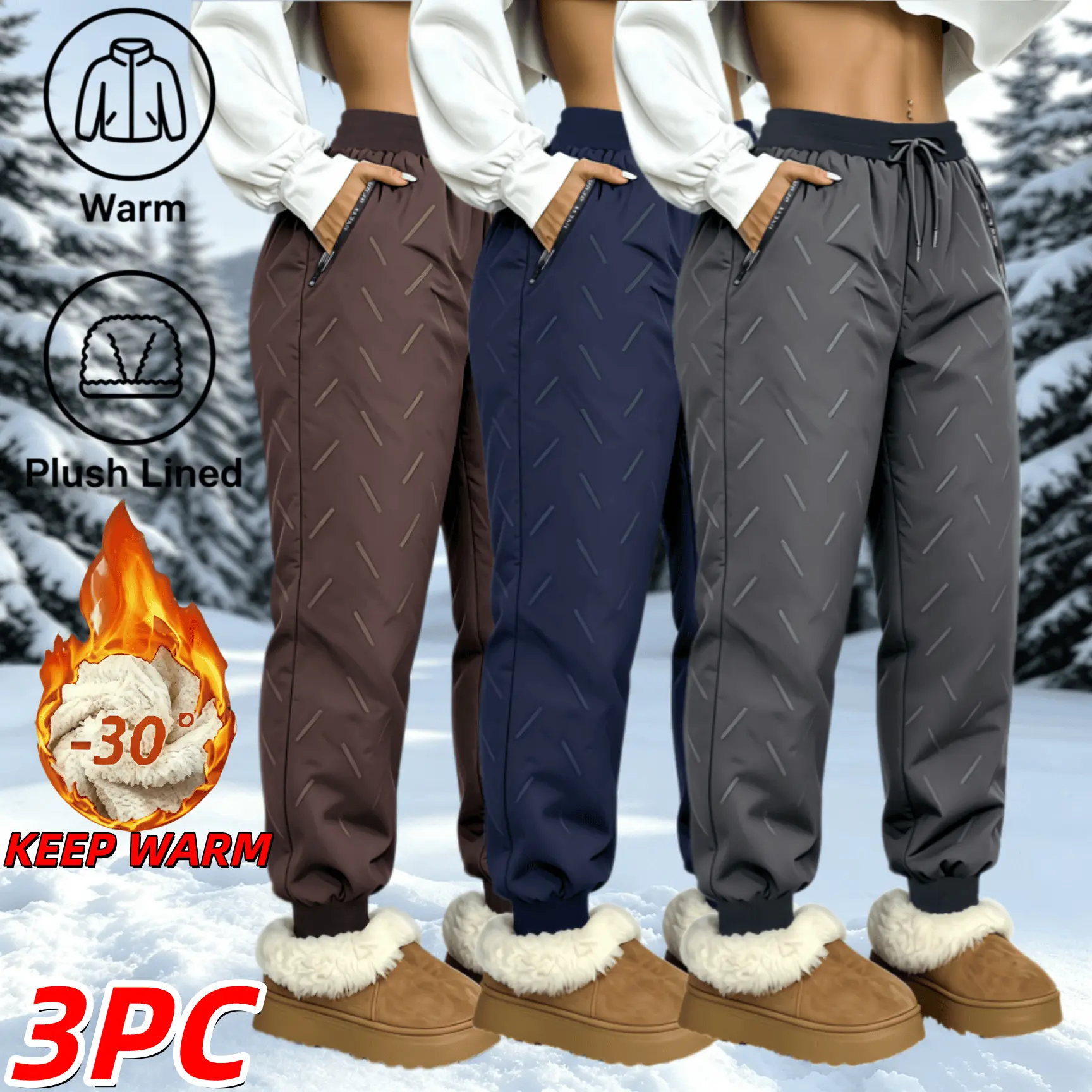 Women’s  Lined Warm Winter Jogger Pants, Water Resistant Windproof Quilted Snow Pants, Elastic Drawstring High Waist Thermal Sweatpants with Zipper Pocket, Cozy Cuffed Outdoor Hiking Casual Trousers for Cold Weather Daily Wear，Warm hiking snow pants