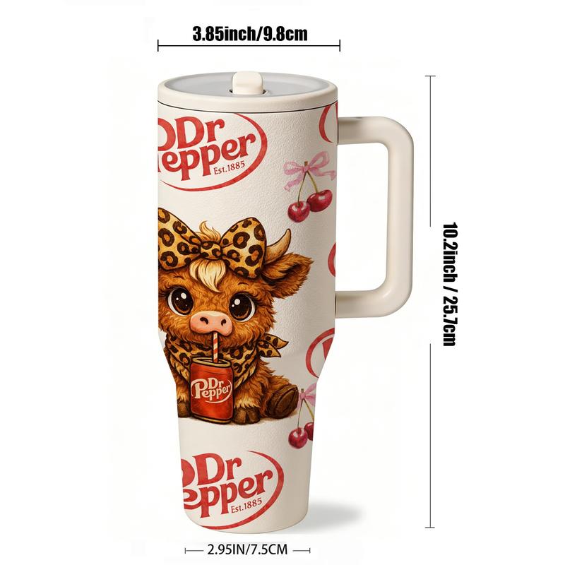 40oz insulated mug Dr Pepper soda print, leopard highland cow cute cartoon design, aesthetic thermal mug, double wall vacuum stainless steel, straw lid with handle, leak proof, keeps hot 12 hours cold 24 hours, valentines birthday daily gift