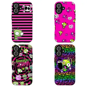 FL-Invad3r Zim GIR Pink Stripes & Skull Phone Case,Y2K Emo Aesthetic Cover For iPhone 11 12 13 14 15 16 17 Air Pro Max for Samsung S26 S25 S24 S23 S22 S21 Case,Gift for her/him/fans