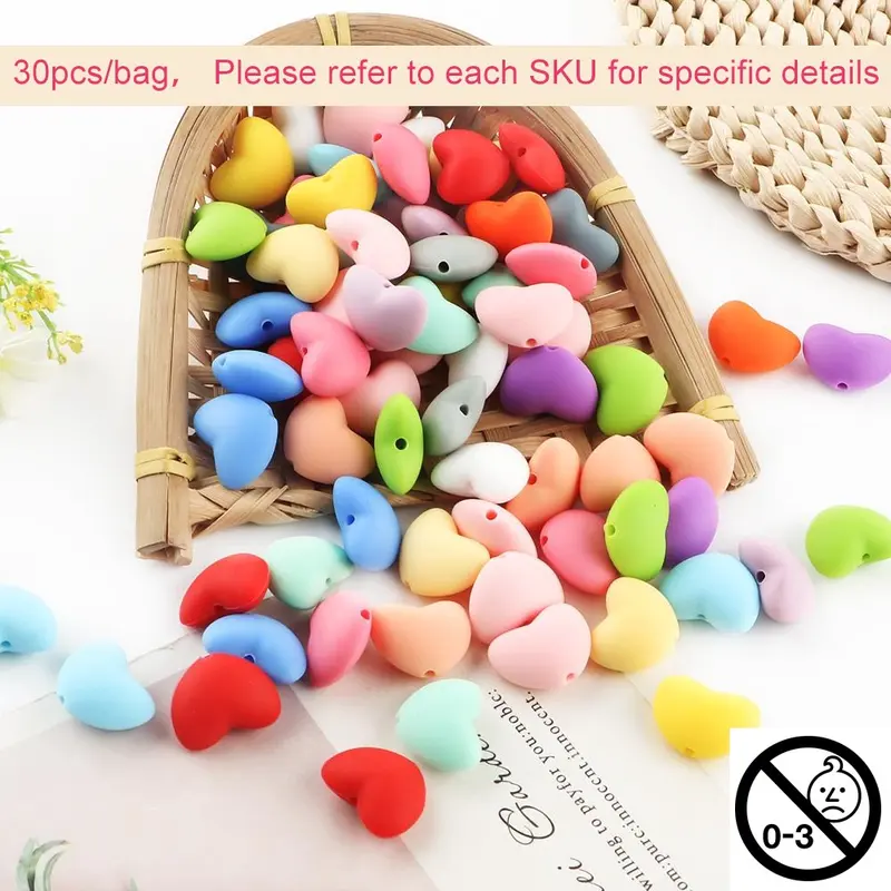 Random Color Silicone Heart Shaped Beads, 30pcs/set Bead Assortment Beaded Set DIY Beads for DIY Handmade Pen, Keychain Pendant, DIY Accessories for Jewelry Making Fun Beads Mixed Beads, Diy Craft Embellishments, Beads For Crafts