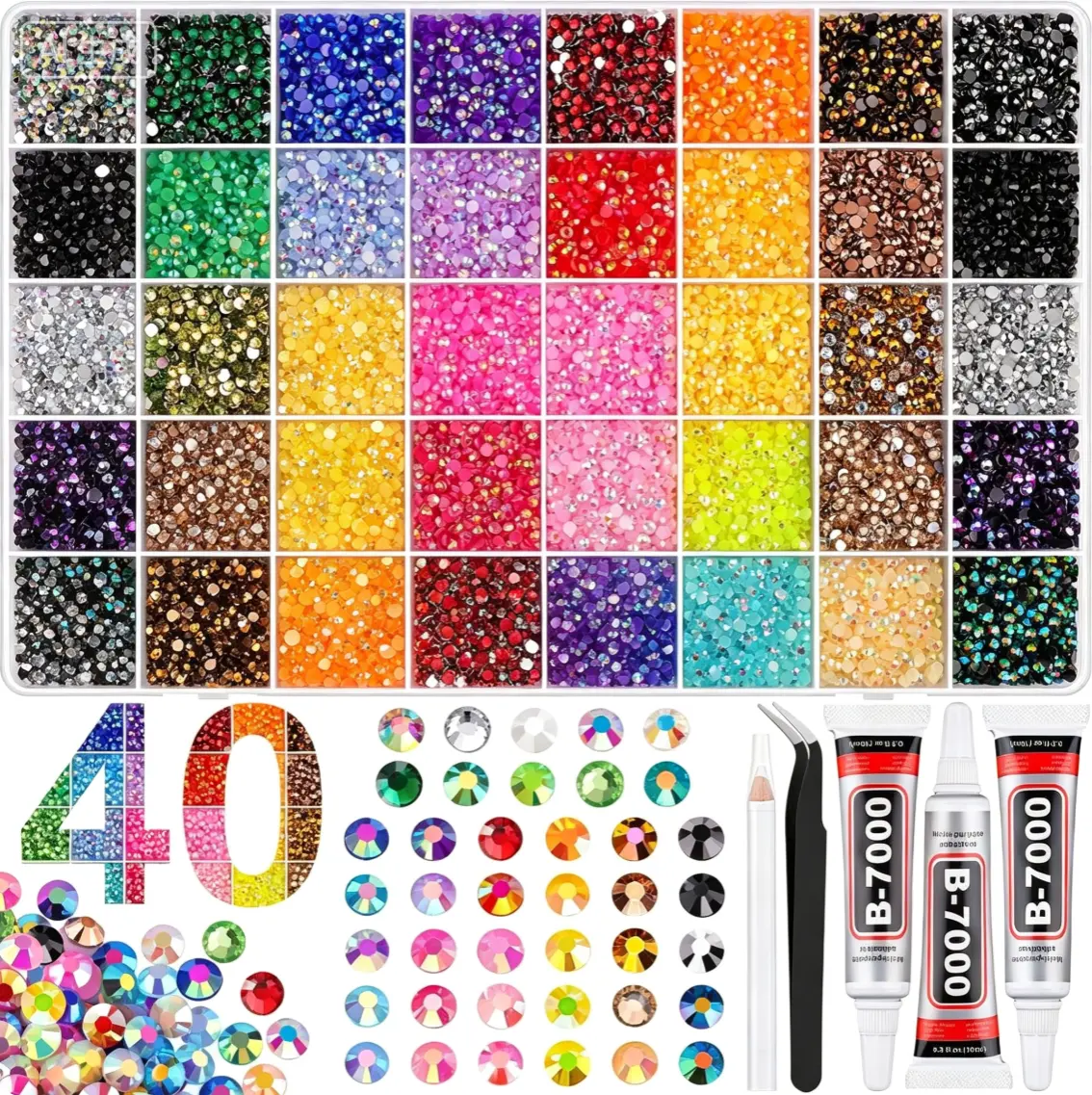 40000 Pcs 40 Colors Resin Jelly Rhinestones 3MM Flat Back Gems DIY Decor Kit With 3 Bottles B7000 Glue For Clothes Shoes Nails Scrapbooking Diamond Painting Craft Making Supplies