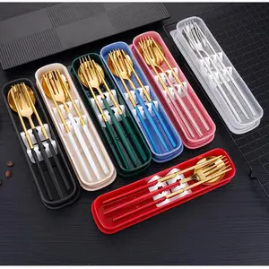 Food Grade Stainless Steel Portable Cutlery Set, Portuguese Fork Spoon Chopstick Set Three-Piece Set, Commuting Travel Business Trip Student Portable Cutlery Set, with Silent Storage Box
